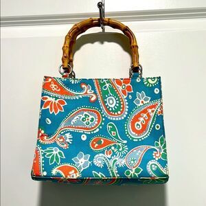 Sunny Hawaii Paisley Print Light Teal and Coral Handbag with Bamboo Handle VTG